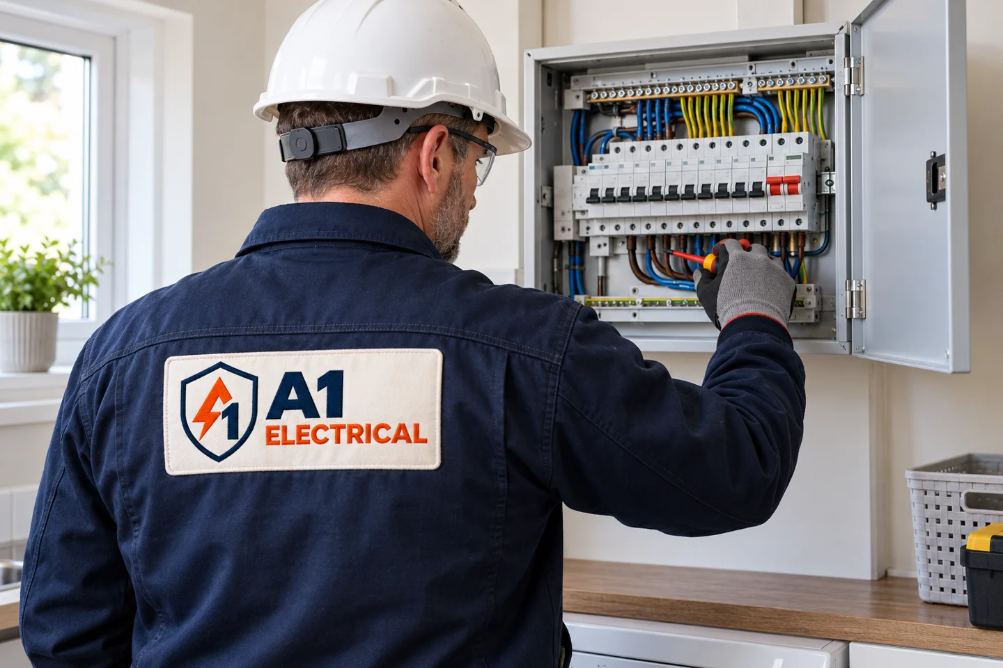 Illustrative engineer wearing an A1 Electrical jacket, working at a fuseboard
