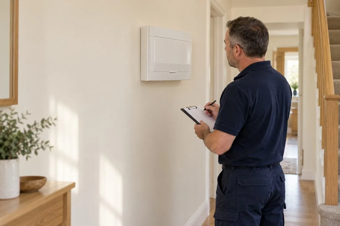 Illustrative electrician assessing a closed consumer unit